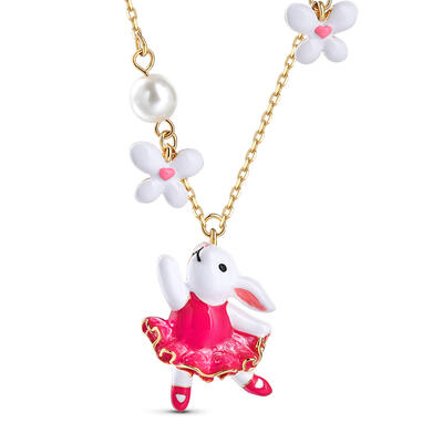 Jeulia "Enchanted Rabbit" Bunny with Flower Enamel Sterling Silver Necklace