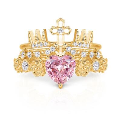 Jeulia Liberty Power Crown Rose Pink Heart Ring Set