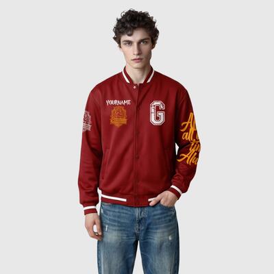 Vintage Red Fantasy School Varsity Jacket, Personalized Team Name & Number, Wizard Inspired Casual Streetwear for Men & Women