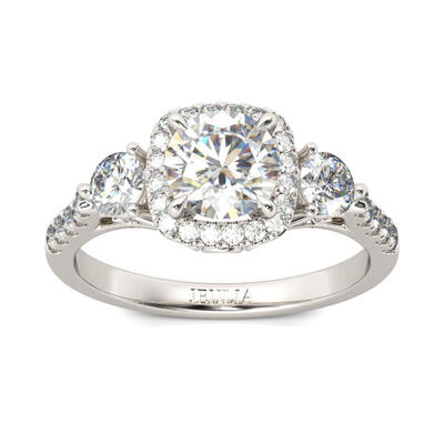 Jeulia Three Stone Halo Round Cut Sterling Silver Ring