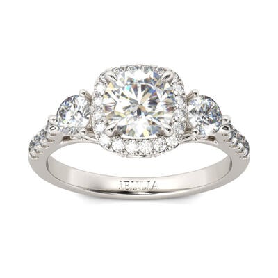 Jeulia Three Stone Halo Round Cut Sterling Silver Ring