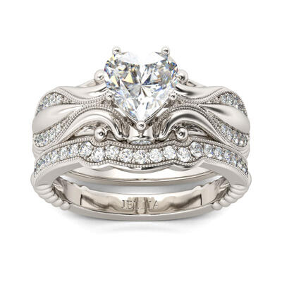 Jeulia Vintage Milgrain Heart Cut Sterling Silver Ring Set