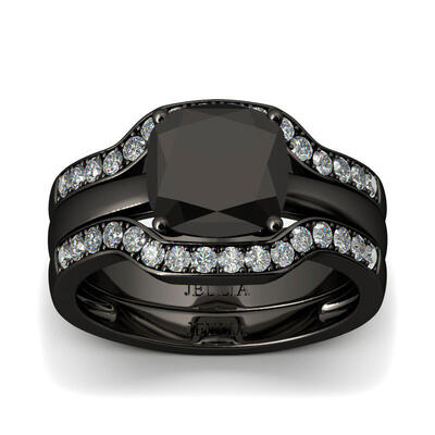Jeulia Black Tone Cushion Cut Sterling Silver Ring Set