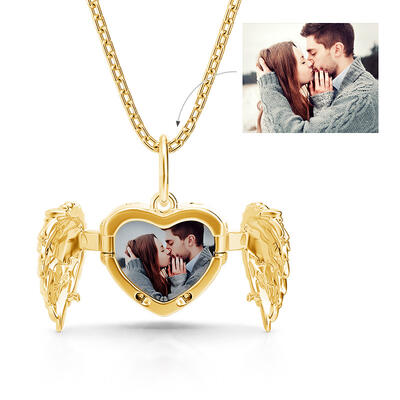 Jeulia Personalized Gold Angel Wings Heart Photo Necklace