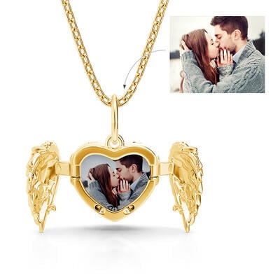 Jeulia Personalized Gold Angel Wings Heart Photo Necklace