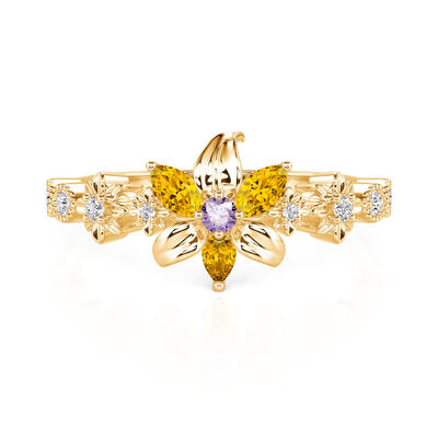 Jeulia Golden Flower Ring with Round Cut Purple Stone