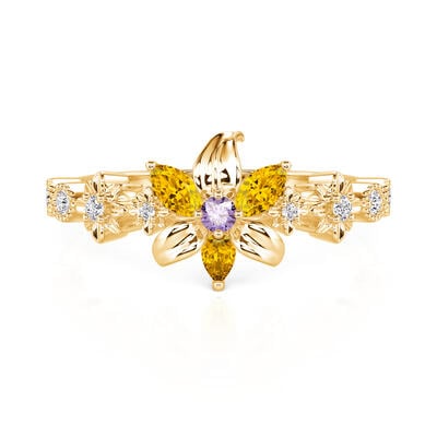 Jeulia Golden Flower Ring with Round Cut Purple Stone