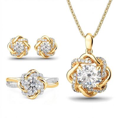 Jeulia Classic Love Knot Round Cut Gold Jewelry Set