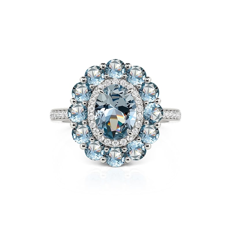 Jeulia Anillo de Compromiso Piedra Aquamarina con Halo de Plata Esterlina