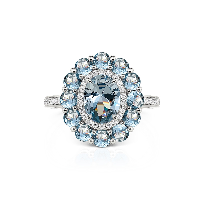 Jeulia Anillo de Compromiso Piedra Aquamarina con Halo de Plata Esterlina
