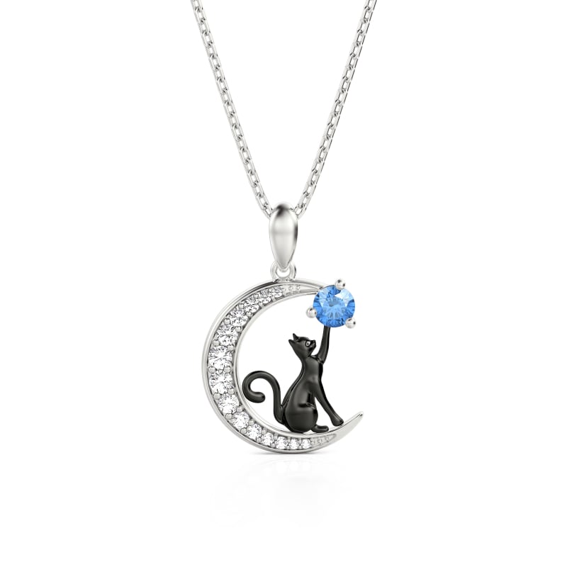 Jeulia Custom Black Cat Moon Necklace with Birthstone