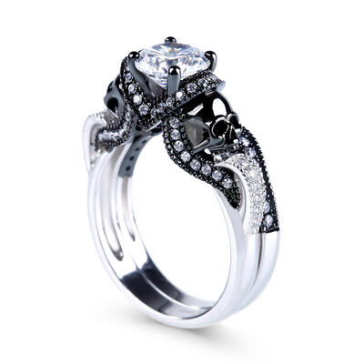 Jeulia Twist Two Tone Round Cut Sterling Silver Skull Ring