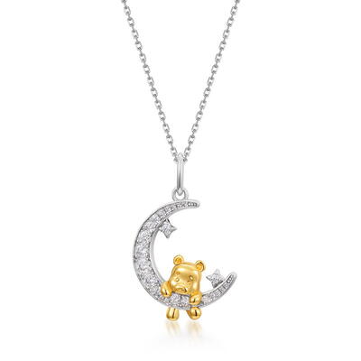 Jeulia Cute Cartoon Bear Moon and Star Necklace Silver