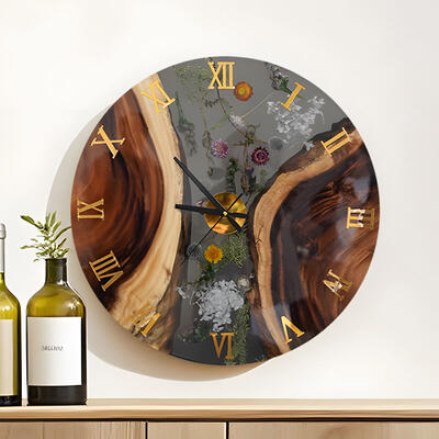 Reslol Alluring Walnut Wood-Resin-Flower Art Wall Clock