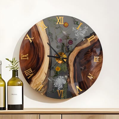 Reslol Alluring Walnut Wood-Resin-Flower Art Wall Clock