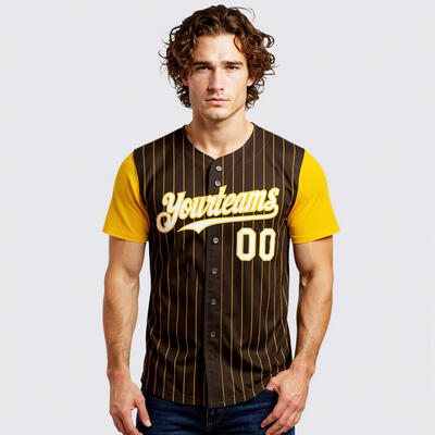 Personalized Brown Gold Pinstripe Two Tone Baseball Jersey Custom Number and Logo for Games Practices and Fan Use