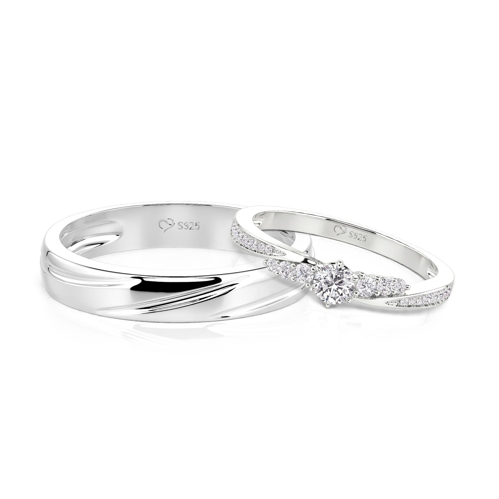 Jeulia Classic Bypass Wave Couple Ring Set Sterling Silver