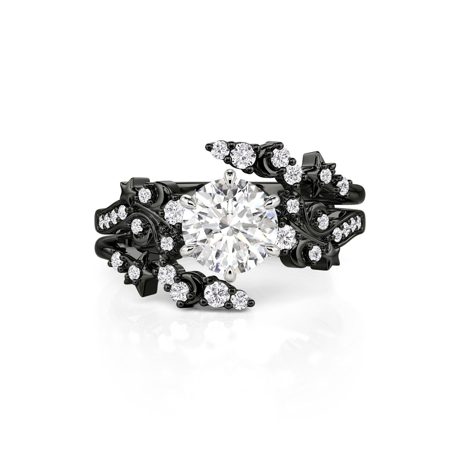 Jeulia Luna Astra Black Bypass Moon and Star Ring Set