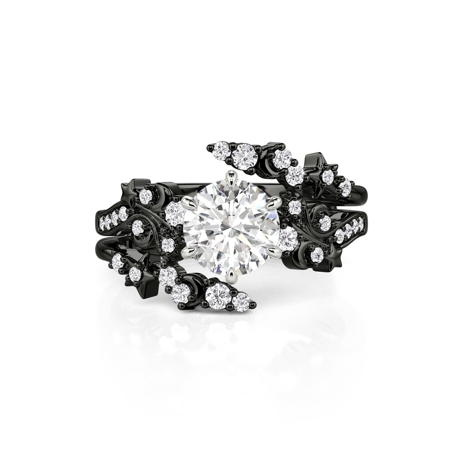 Jeulia Luna Astra Black Bypass Moon and Star Ring Set