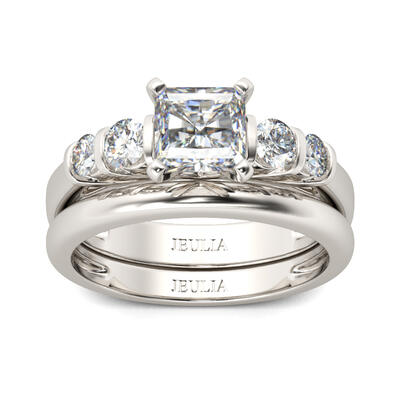 Jeulia Contemporary Design Asscher Cut Sterling Silver Ring Set