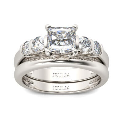 Jeulia Contemporary Design Asscher Cut Sterling Silver Ring Set