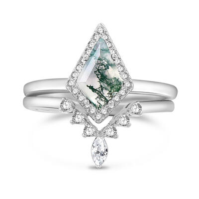 Jeulia Juego de Anillos de Compromiso Vintage Ágata Musgo de Plata de Ley