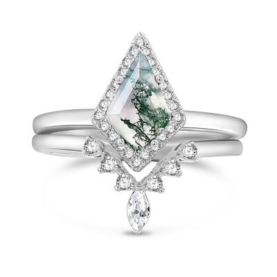 Jeulia Juego de Anillos de Compromiso Vintage Ágata Musgo de Plata de Ley