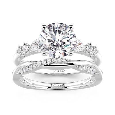 Jeulia Simple Three Stone Bridal Set 2PCS Sterling Silver