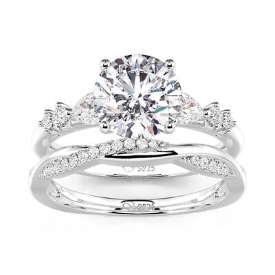 Jeulia Simple Three Stone Bridal Set 2PCS Sterling Silver