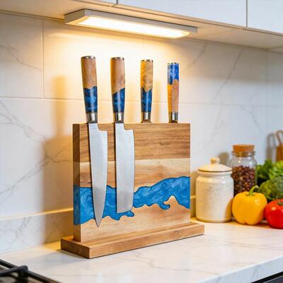Exquisite Double-Sided Blue Resin Acacia Wood Magnetic Knife Holder - Housewarming Gift