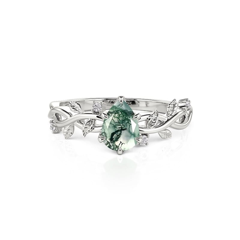Jeulia Anillo de Compromiso con Corte Pera con Ágata Musgo y Hoja de Vid