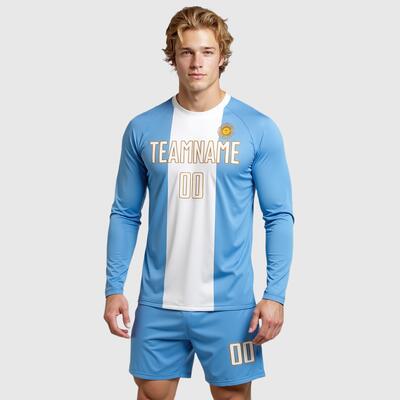 Custom Light Blue White-Old Gold Sublimation Long Sleeve Argentinian Flag Soccer Uniform Jersey