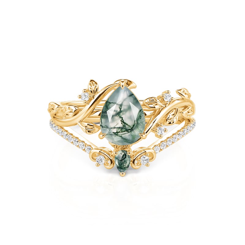 Jeulia Leaf Vine Bypass Pear Cut Moss Agate Ring Set