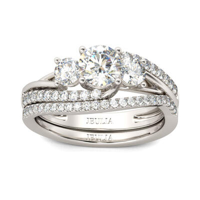 Jeulia Three Stone Round Cut Sterling Silver Ring Set