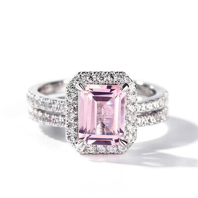 Jeulia Halo Emerald Cut Synthetic Morganite Sterling Silver Ring Set