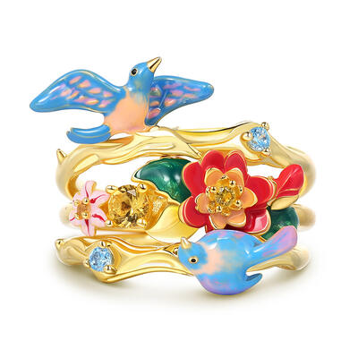 Jeulia Anillo apilable de plata de ley con esmalte con flor y pájaros hermosos