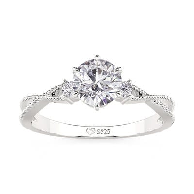 Jeulia Three Stone Engagement Ring Twist Milgrain Round Cut Sterling Silver