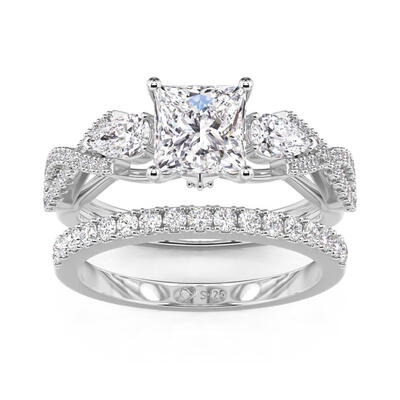 Jeulia Twist Three Stone Princess Cut Engagement Ring Set