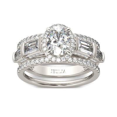 Jeulia Terno De Anillos Con Halo De Talla Ovalada En Plata De Ley