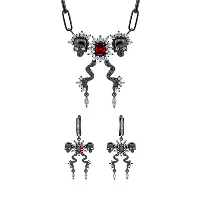 Jeulia "Death Stare" Two Skull Design Sterling Silver Jewelry Set