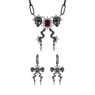 Jeulia "Death Stare" Two Skull Design Sterling Silver Jewelry Set
