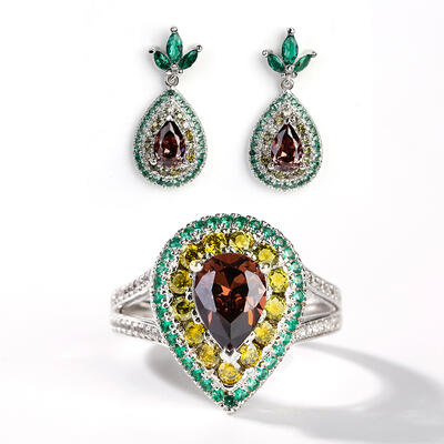 Jeulia Avocado Design Double Halo Pear Cut Sterling Silver Jewelry Set