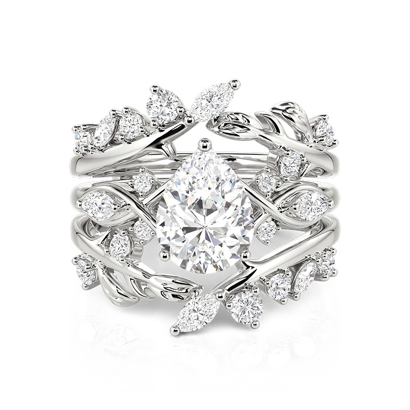 Jeulia Leaf Twist Sparkling Pear Shaped Ring Set