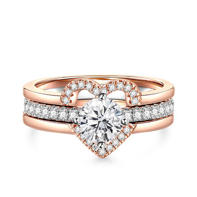 Jeulia Simple Two Tone Three Ring Set Round Cut Sterling Silver