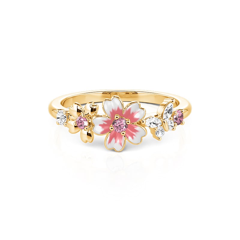 Jeulia Gold Pink Enamel Sakura Cherry Blossom Ring