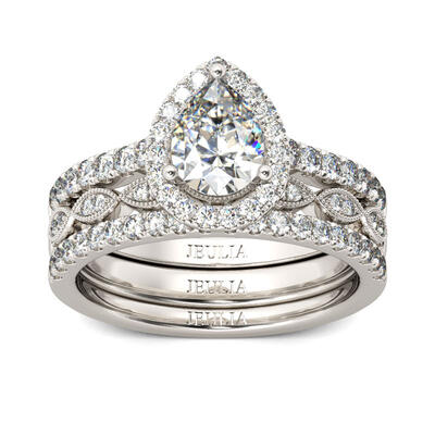 Jeulia Halo Pear Cut Sterling Silver Ring Set
