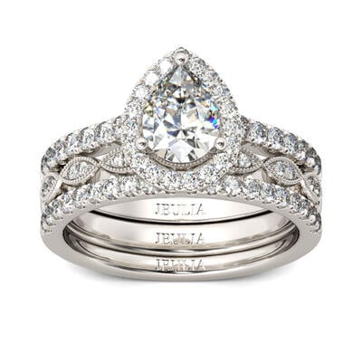 Jeulia Halo Pear Cut Sterling Silver Ring Set