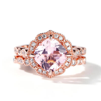 Jeulia Floral Halo Cushion Cut Synthetic Morganite Sterling Silver Ring Set