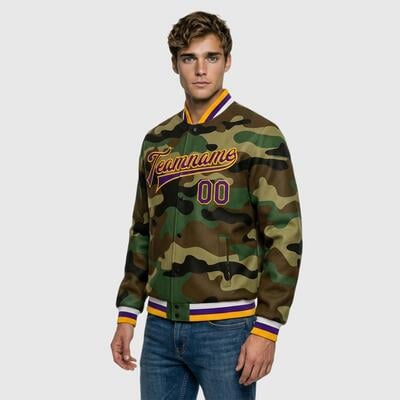 Custom Camo Full-Snap Varsity Letterman Salute To Service Jacket Fit for Veteran Support Events and Outdoor Honor Gatherings
