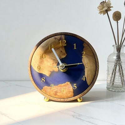 Artisanal Resin & Wood Spliced Table Clock - Epoxy Desktop Timepiece